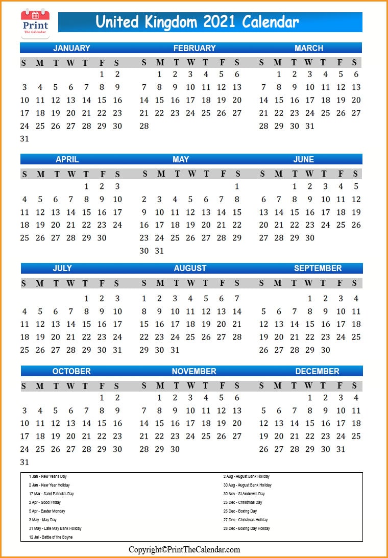Uk Calendar 2021 with Uk Public Holidays